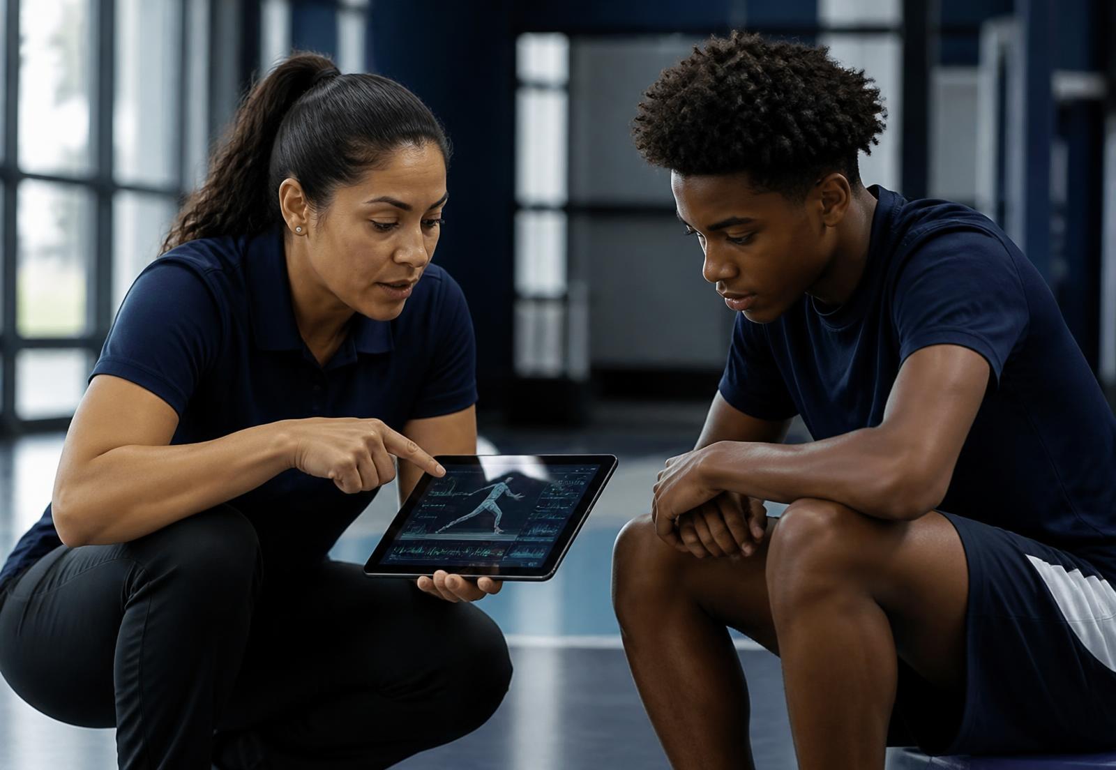 A Latina performance trainer reviewing movement data on a tablet with a 14-year-old Black male student-athlete on an indoor training court
