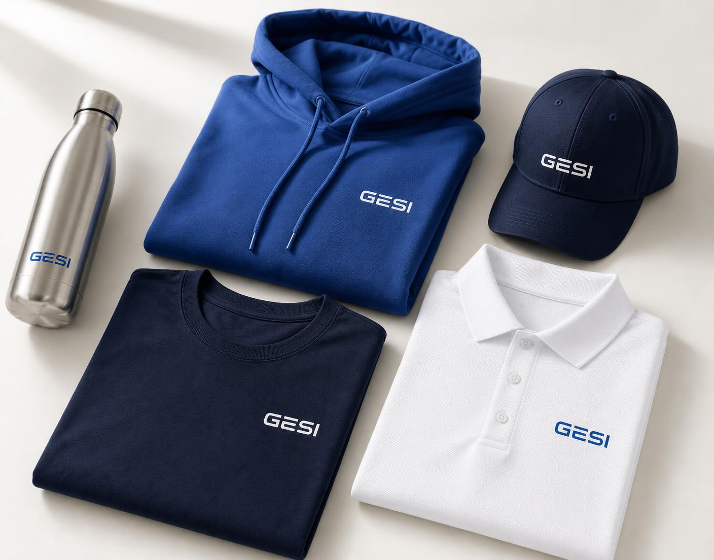GESI merchandise collection flat-lay: navy performance t-shirt, royal blue hoodie, white polo, navy cap and insulated bottle, each with the GESI wordmark